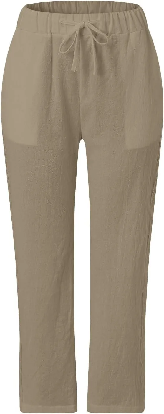 Women's Summer Linen Casual Pants Stretchy Waistband Side Button Down Trouser Stylish Outdoor Travel Home Lounge Pant