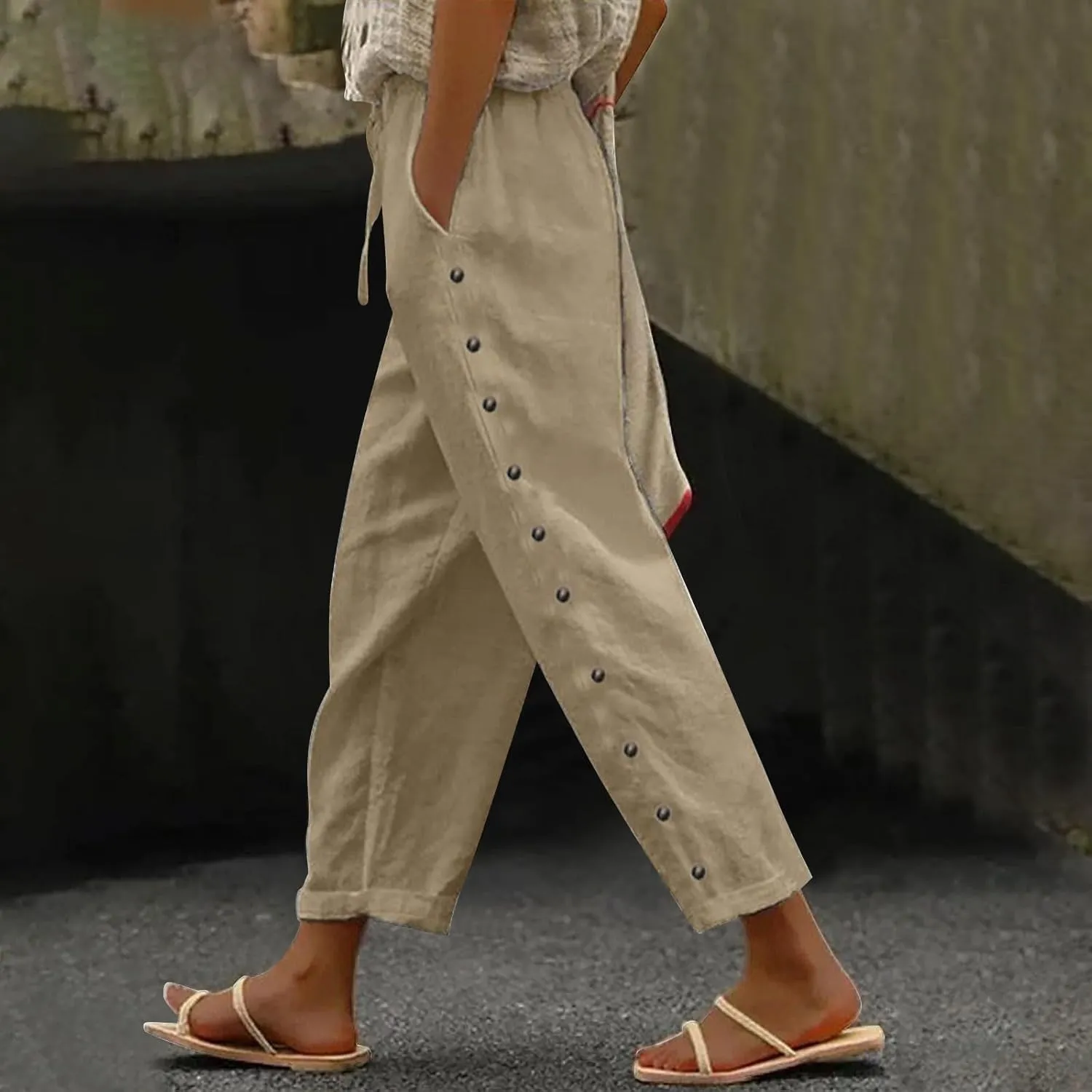 Women's Summer Linen Casual Pants Stretchy Waistband Side Button Down Trouser Stylish Outdoor Travel Home Lounge Pant