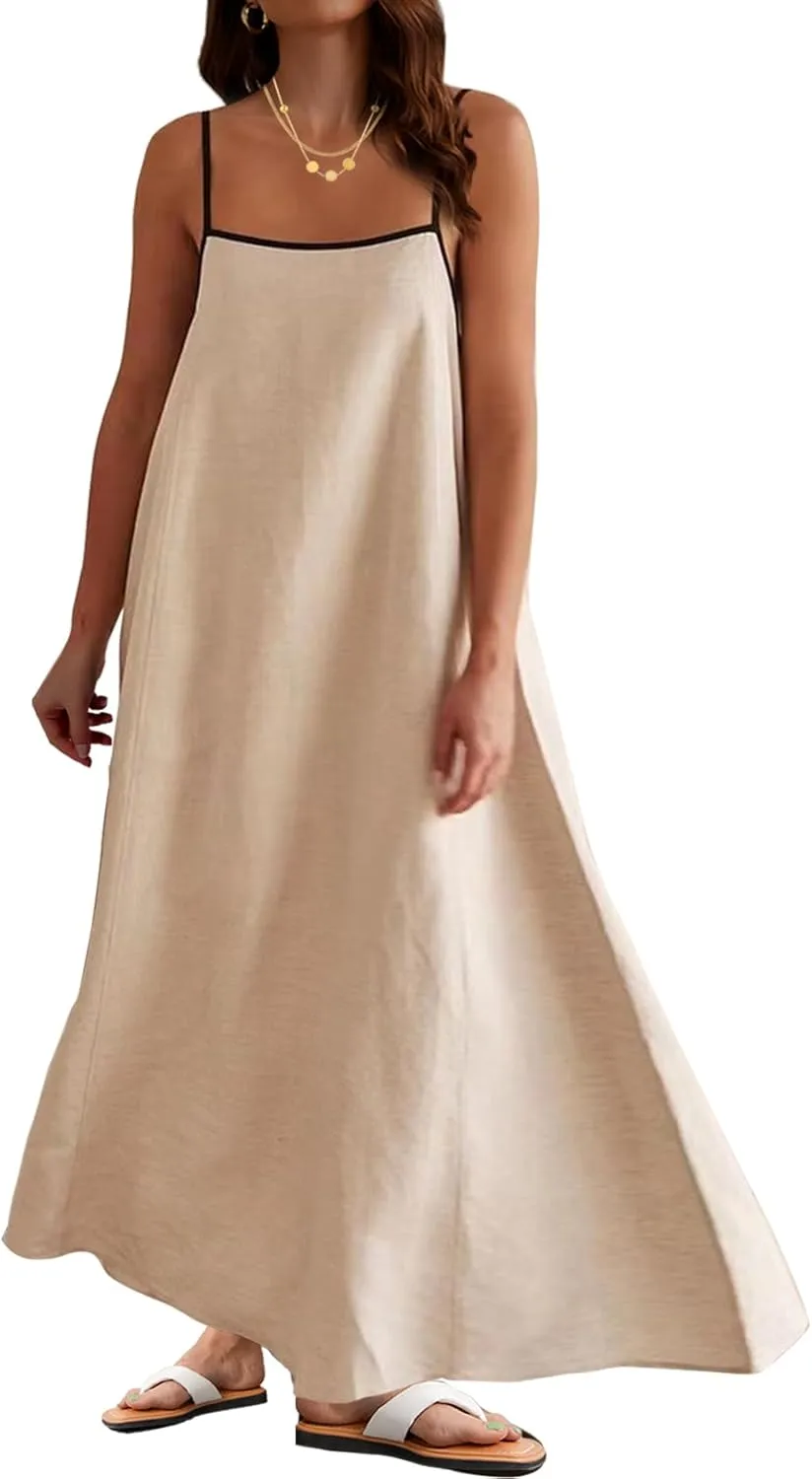 Womens Summer Maxi Dress 2025 Spaghetti Strap Dress Linen Sleeveless Backless Flowy Long Beach Dresses