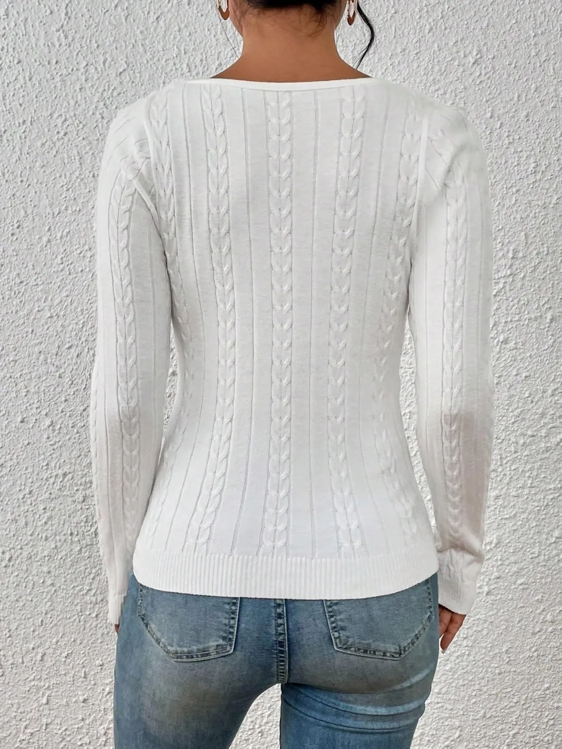 Women's Sweater Women's Cut Out Asymmetrical Neck Cable Knit Sweater Sweater for Women (Color : White, Size : Medium)