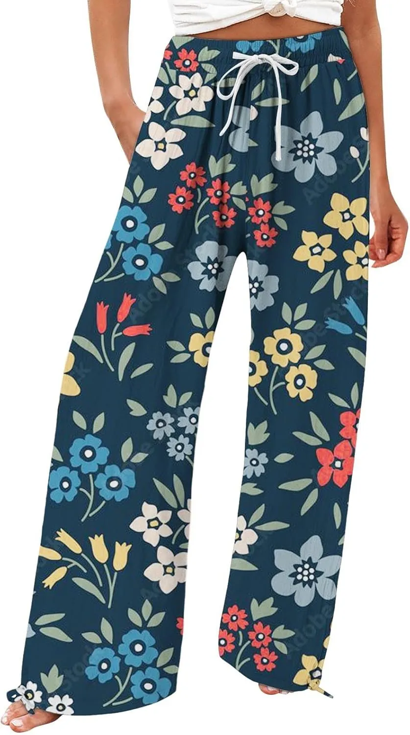 Womens Tie Dye Palazzo Pants Stylish Summer Vacation Beach Boho Flowy Casual Trouser Wide-Leg Stretchy Waistband Pant