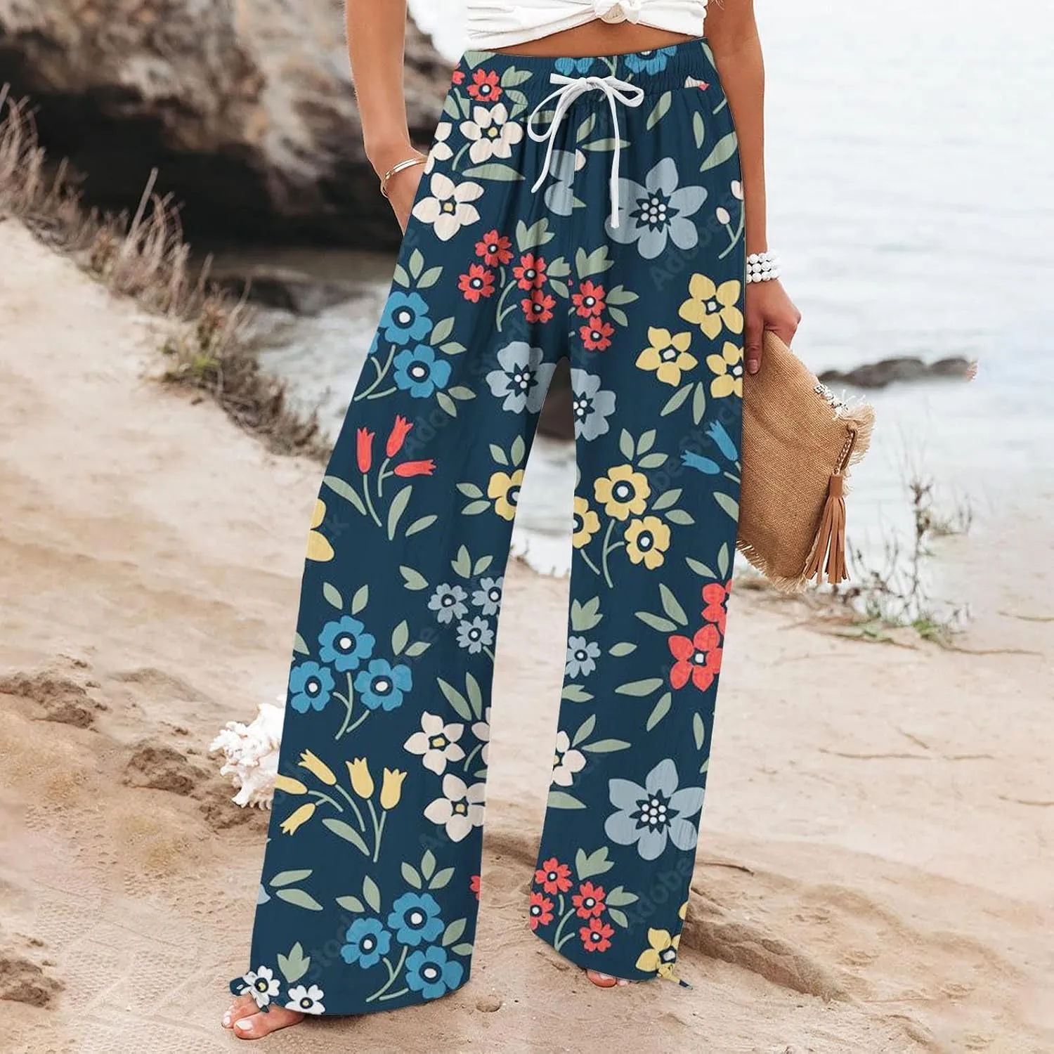 Womens Tie Dye Palazzo Pants Stylish Summer Vacation Beach Boho Flowy Casual Trouser Wide-Leg Stretchy Waistband Pant