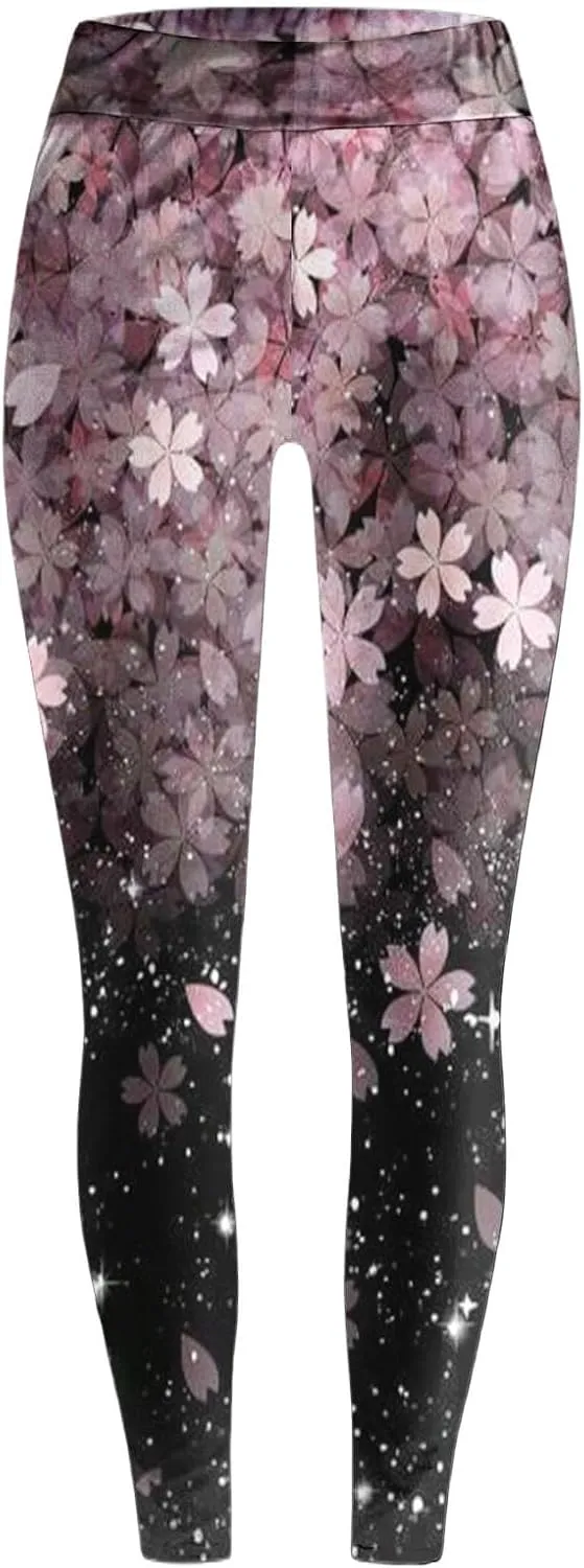 Womens Tummy Control Leggings Fashion Floral Printed Slim Gym Yoga Travel Pants Stretchy High Waisted Casual Trousers