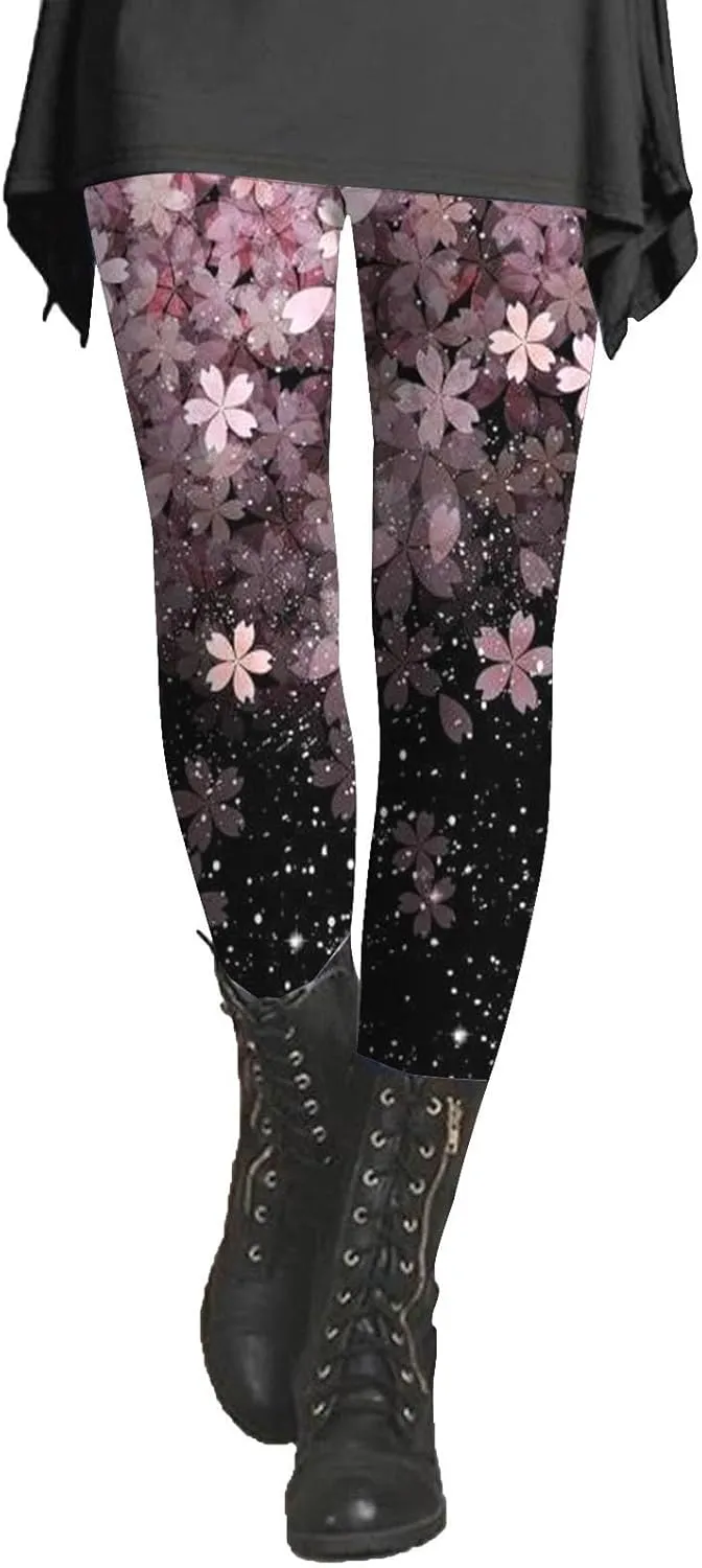 Womens Tummy Control Leggings Fashion Floral Printed Slim Gym Yoga Travel Pants Stretchy High Waisted Casual Trousers