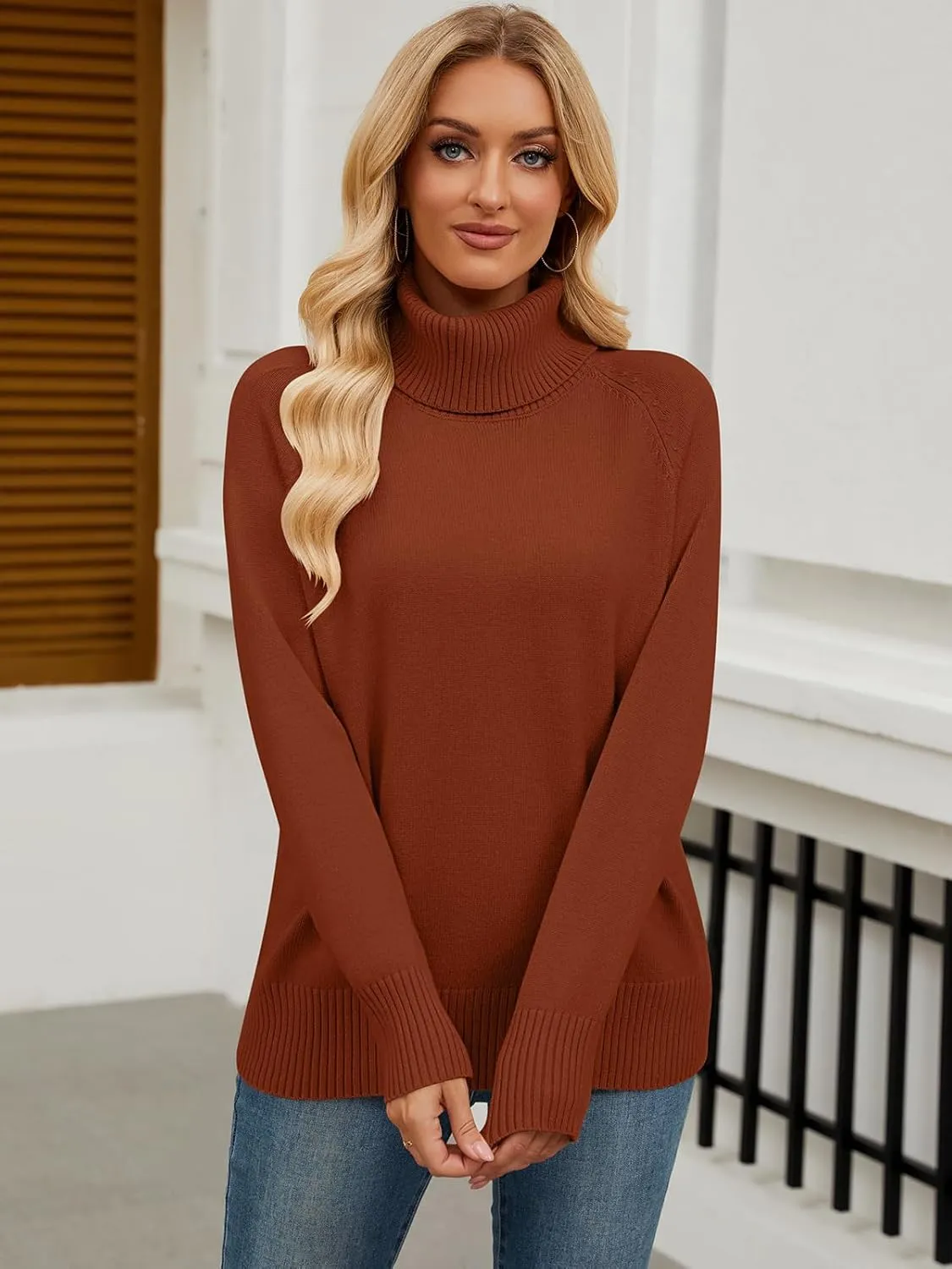 Womens Turtleneck Sweater Long Sleeve Knitted Soft Pullovers Top Rib Hem Oversized Fall Winter Top 2024 Trendy