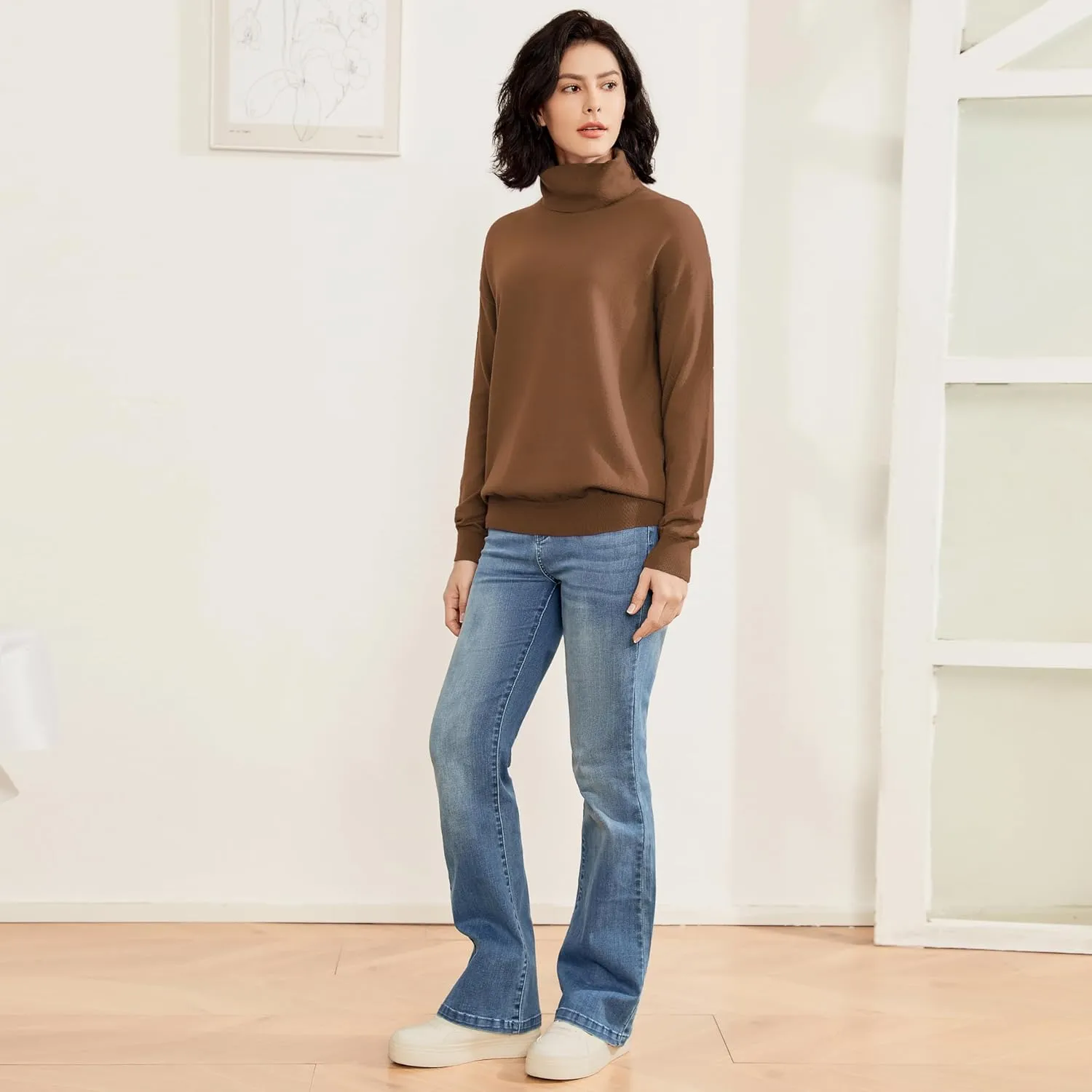 Women's Turtleneck Sweater Long Sleeve Lightweight Pullover Knit Tops