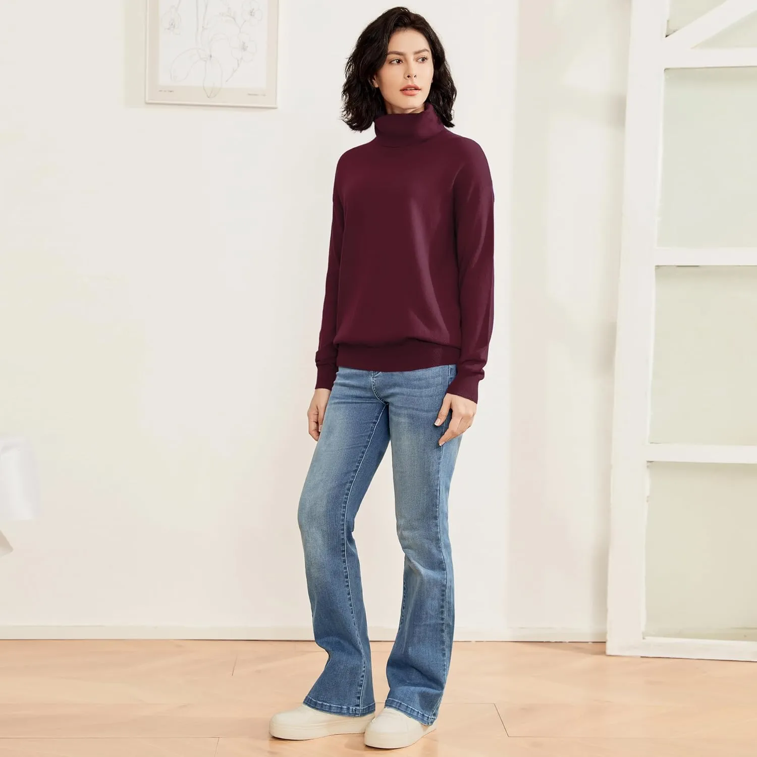 Women's Turtleneck Sweater Long Sleeve Lightweight Pullover Knit Tops