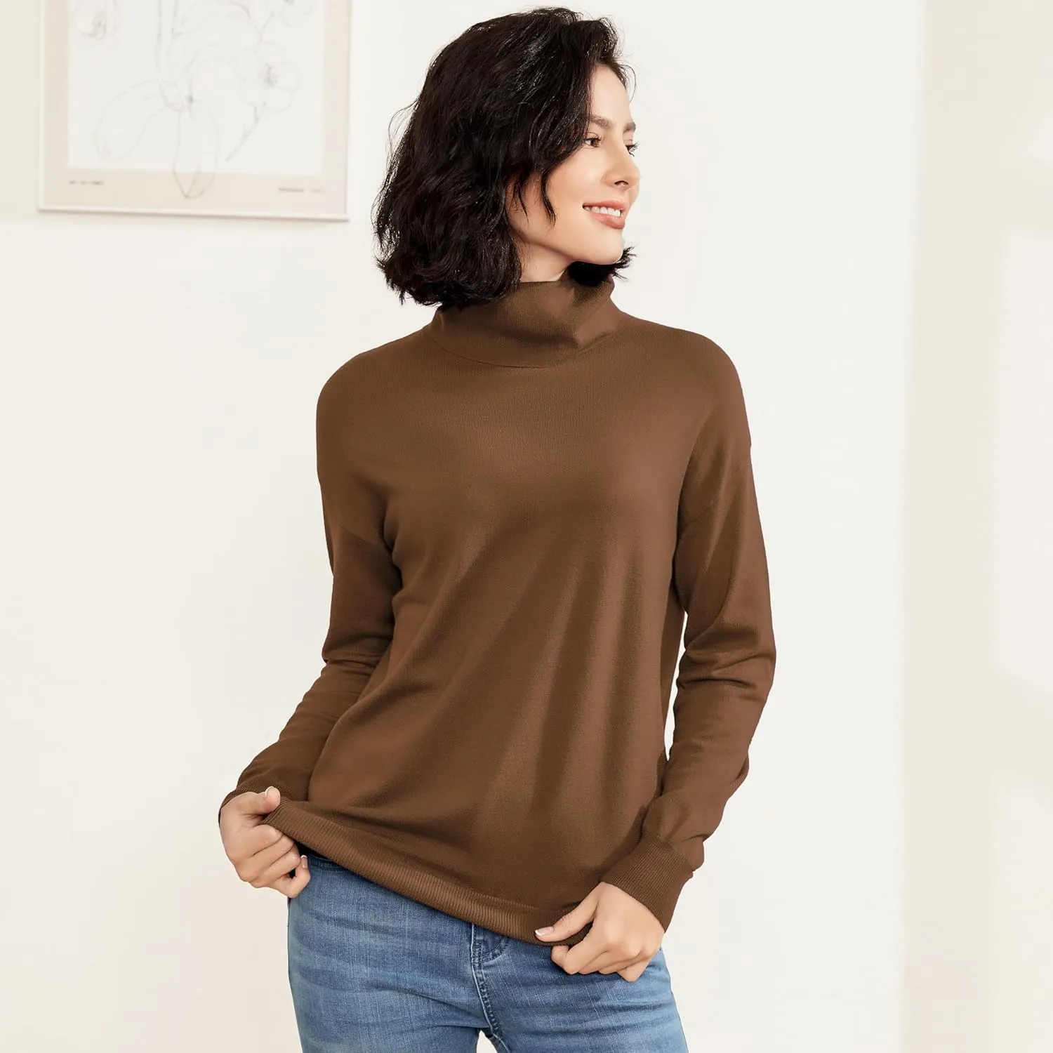 Women's Turtleneck Sweater Long Sleeve Lightweight Pullover Knit Tops