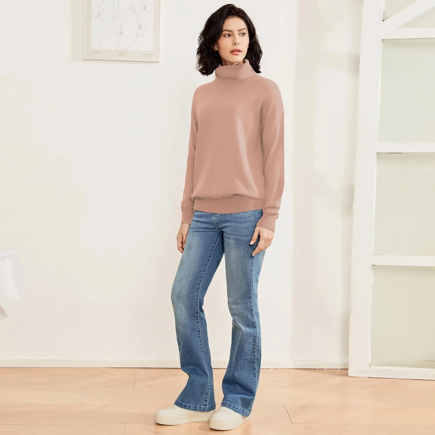 Women's Turtleneck Sweater Long Sleeve Lightweight Pullover Knit Tops
