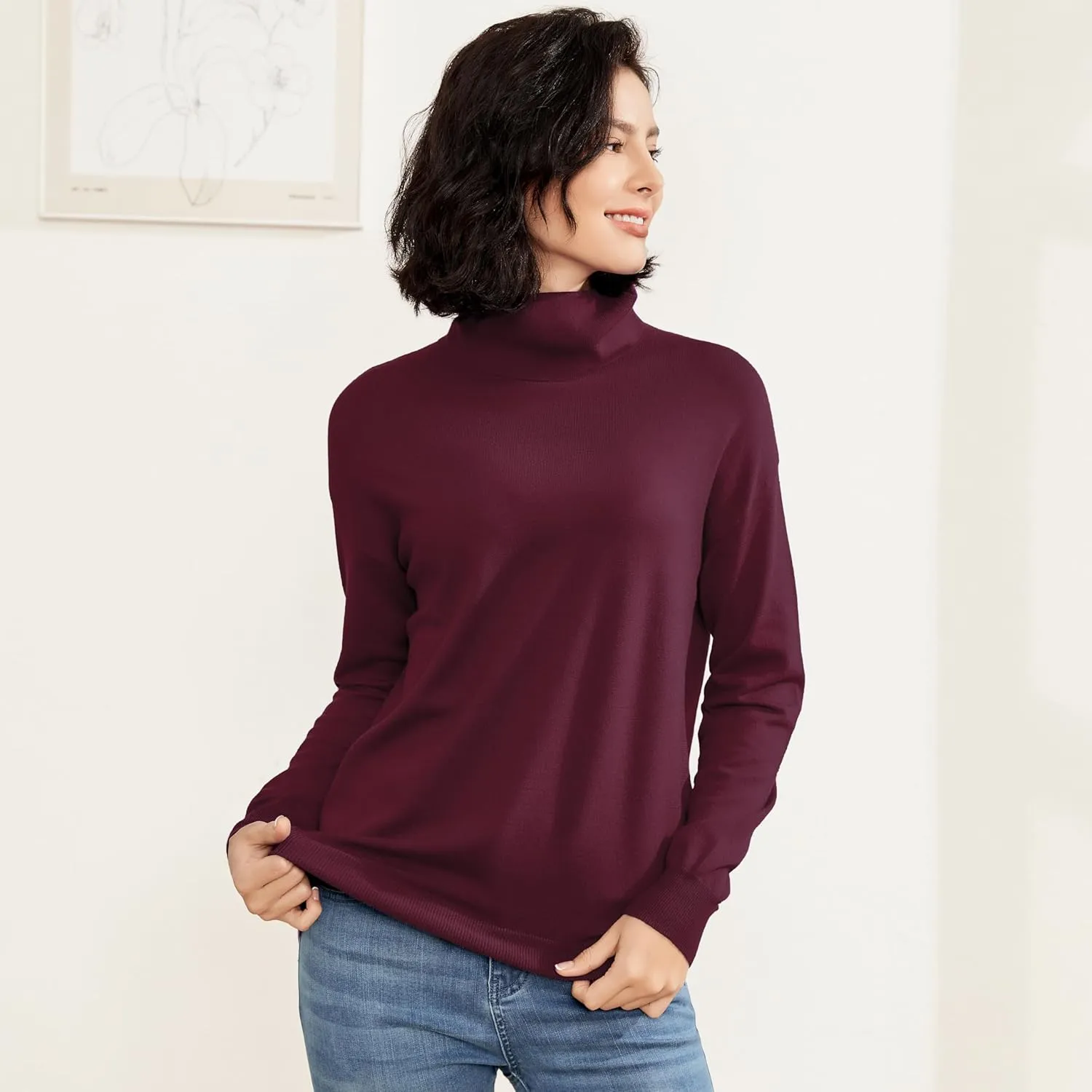 Women's Turtleneck Sweater Long Sleeve Lightweight Pullover Knit Tops