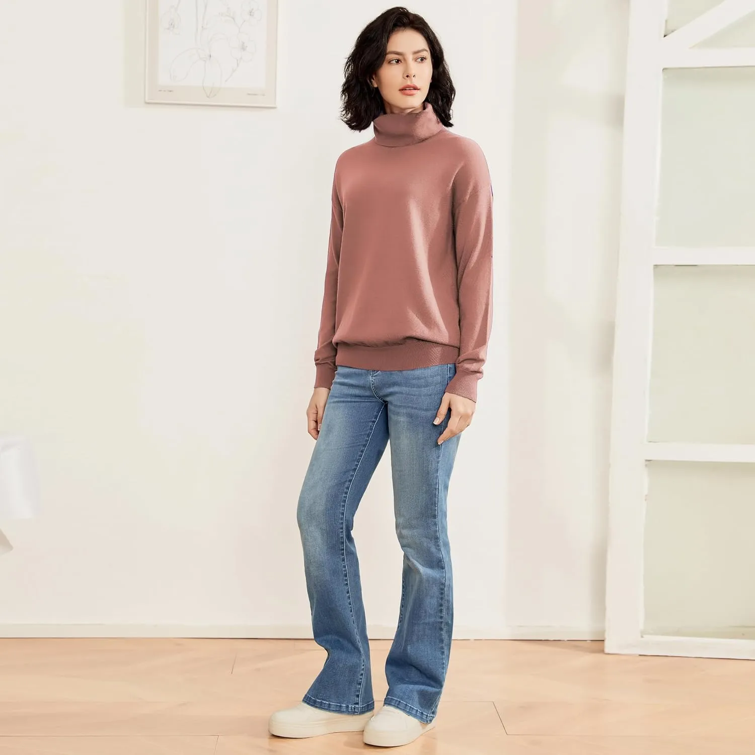 Women's Turtleneck Sweater Long Sleeve Lightweight Pullover Knit Tops