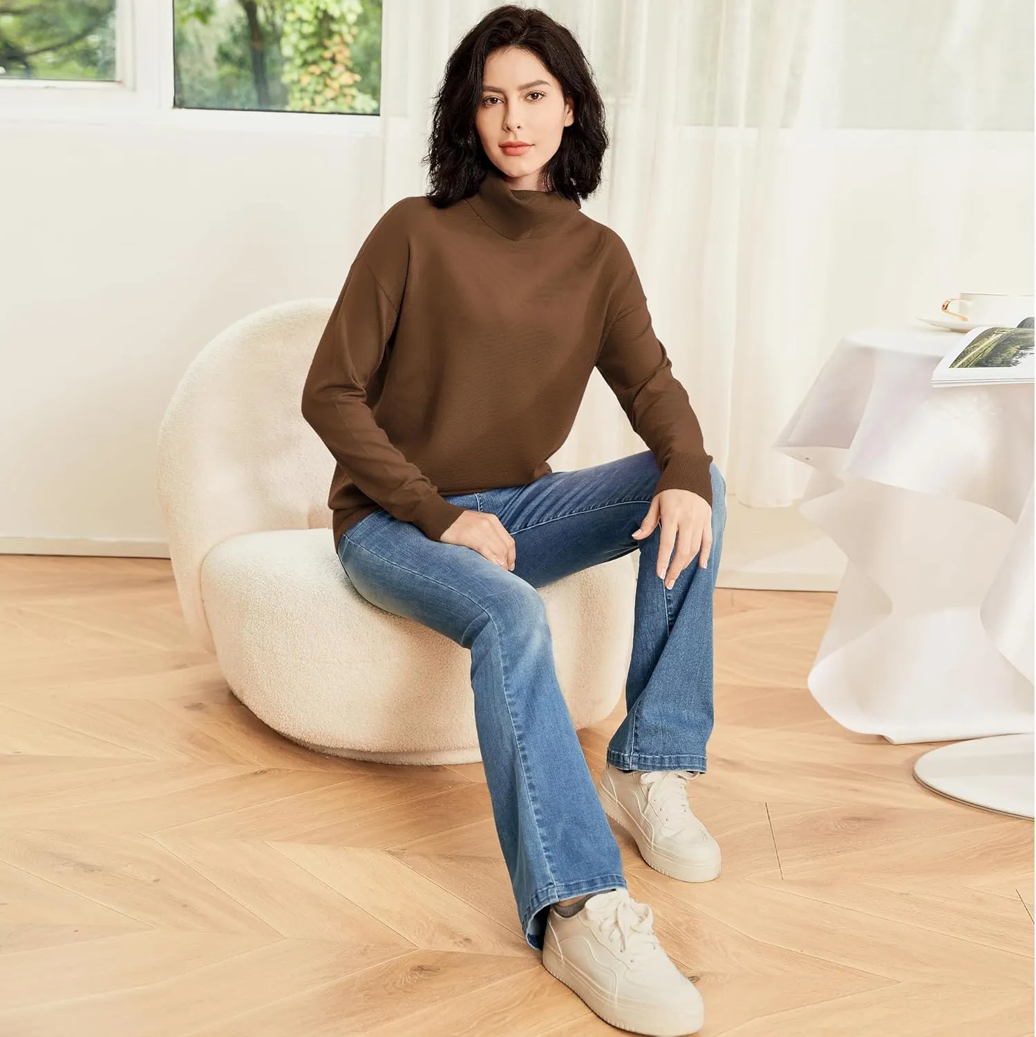 Women's Turtleneck Sweater Long Sleeve Lightweight Pullover Knit Tops