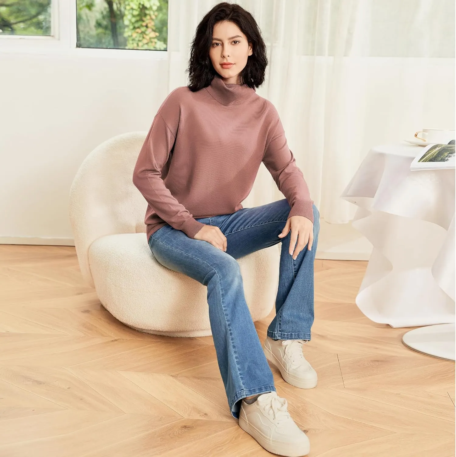 Women's Turtleneck Sweater Long Sleeve Lightweight Pullover Knit Tops