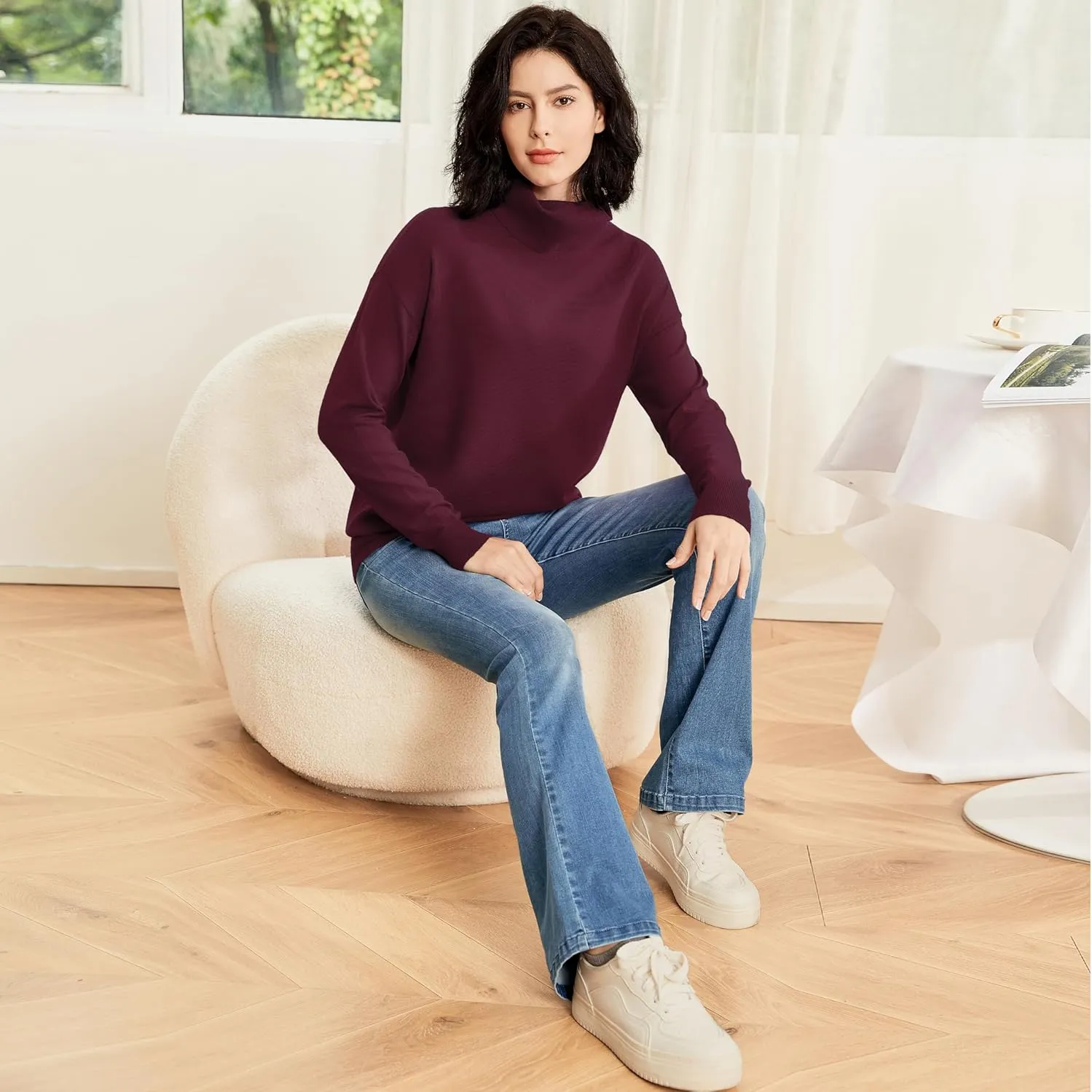Women's Turtleneck Sweater Long Sleeve Lightweight Pullover Knit Tops