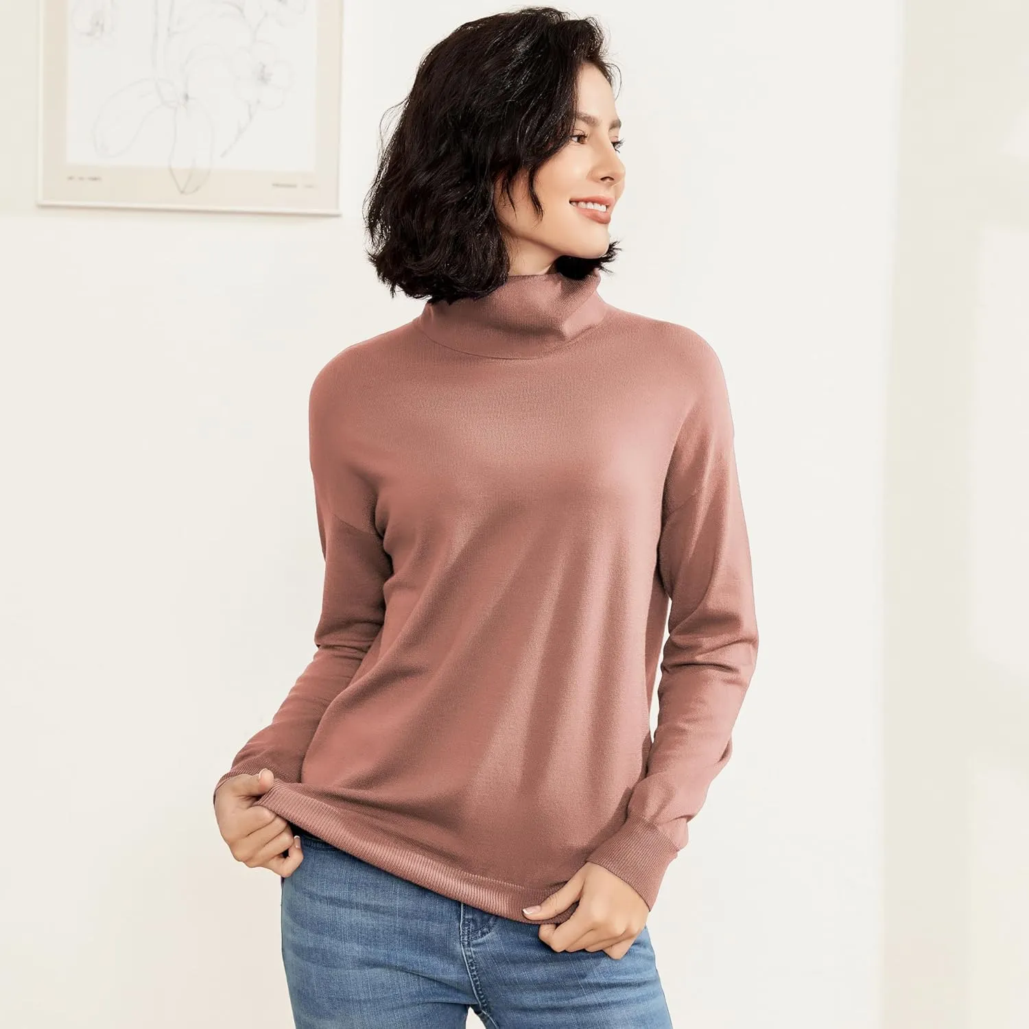 Women's Turtleneck Sweater Long Sleeve Lightweight Pullover Knit Tops
