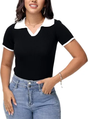 Womens V Neck T Shirts Short Sleeve Ribbed Knit Slim Fit Polo Tops Solid Color Trendy Summer Basic Tee T-Shirts