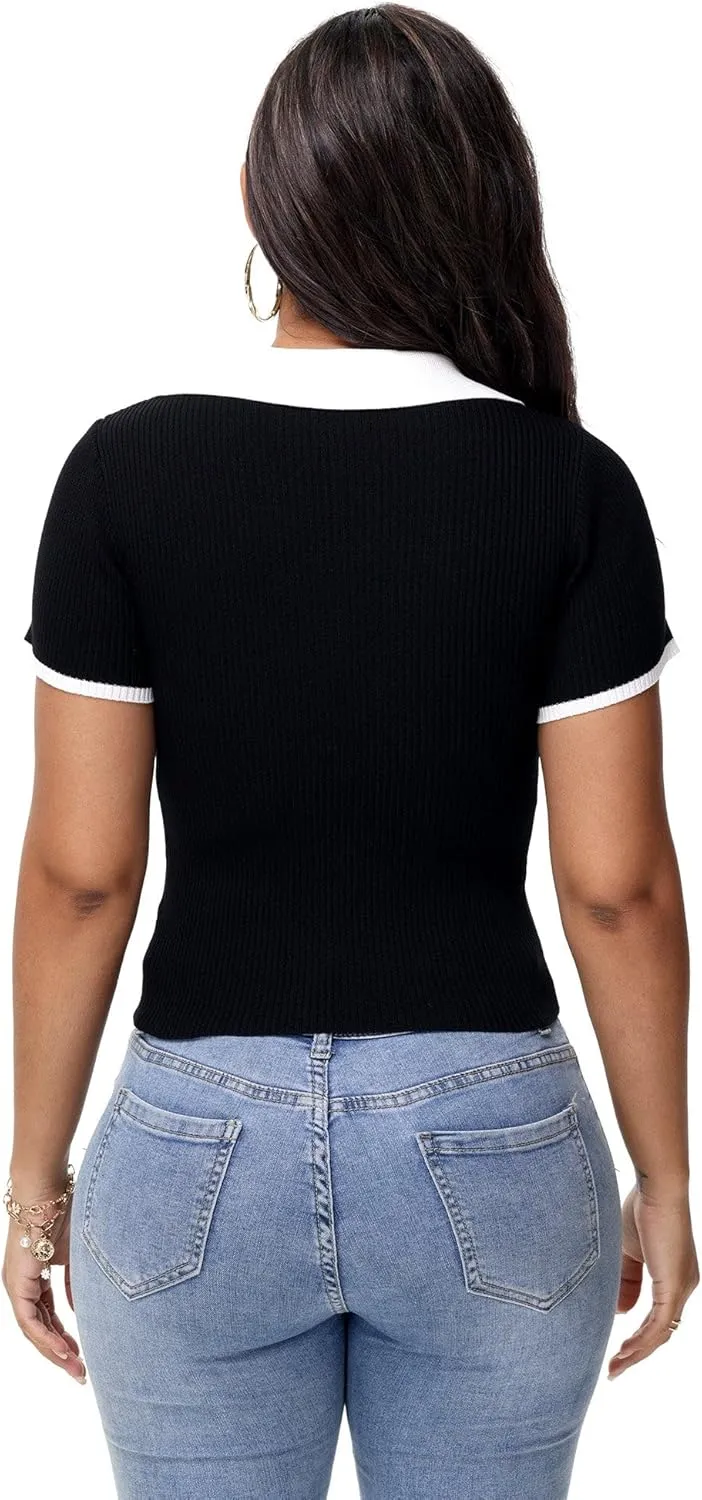 Womens V Neck T Shirts Short Sleeve Ribbed Knit Slim Fit Polo Tops Solid Color Trendy Summer Basic Tee T-Shirts