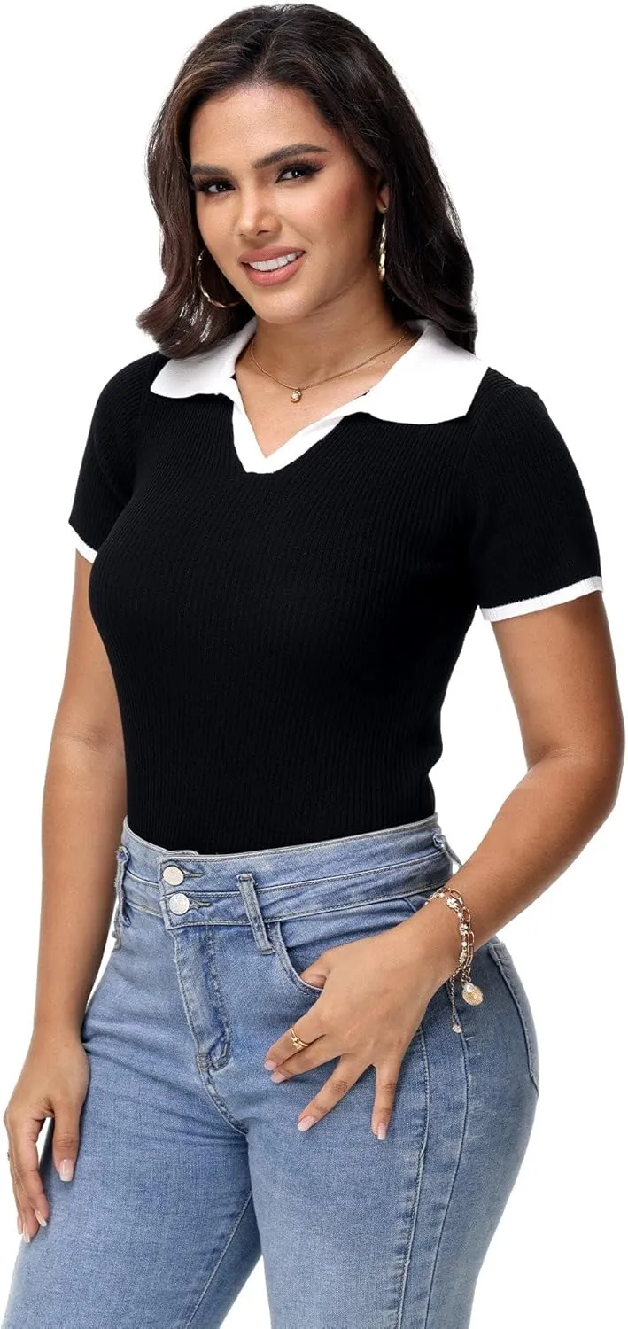 Womens V Neck T Shirts Short Sleeve Ribbed Knit Slim Fit Polo Tops Solid Color Trendy Summer Basic Tee T-Shirts