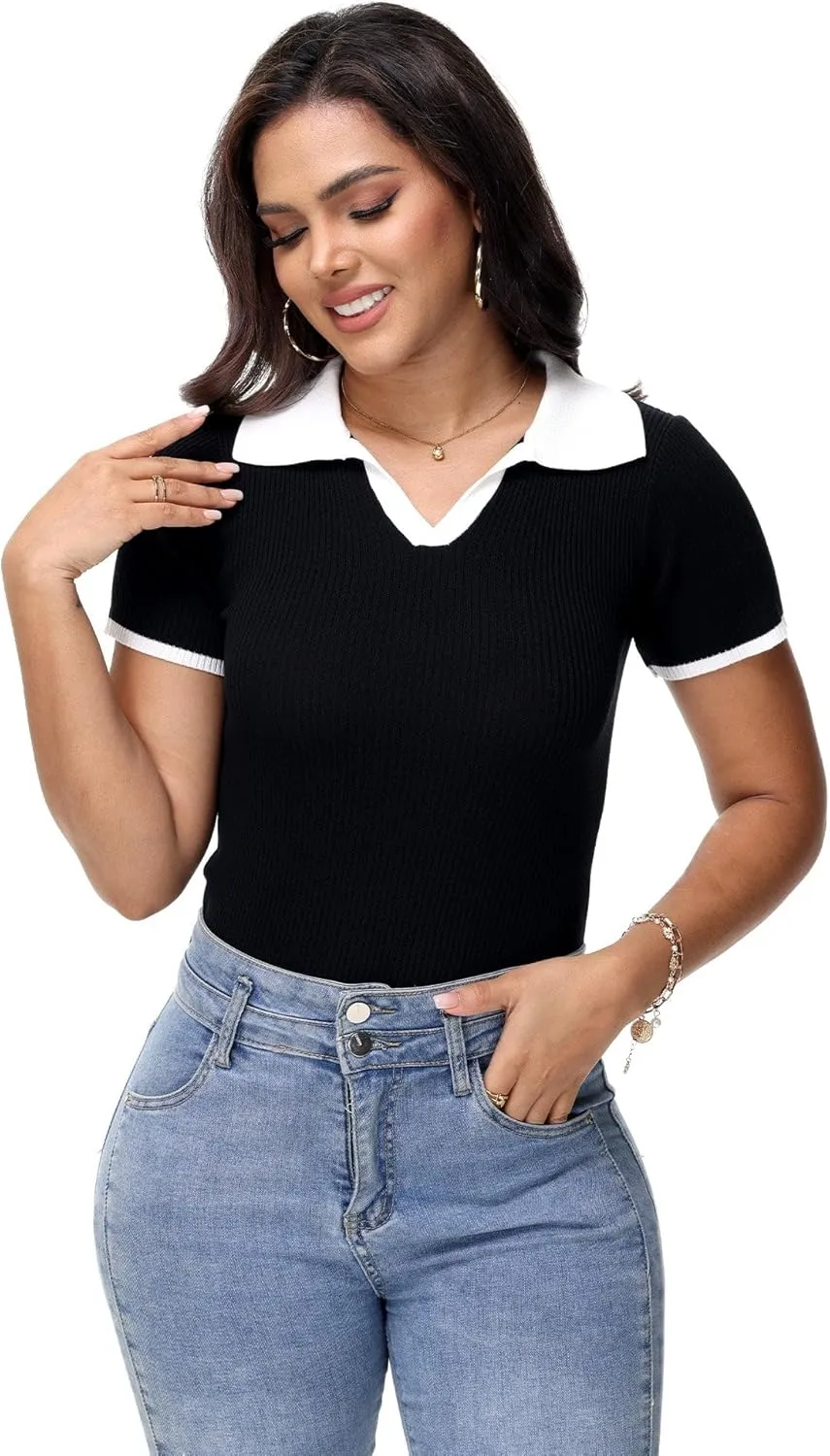 Womens V Neck T Shirts Short Sleeve Ribbed Knit Slim Fit Polo Tops Solid Color Trendy Summer Basic Tee T-Shirts