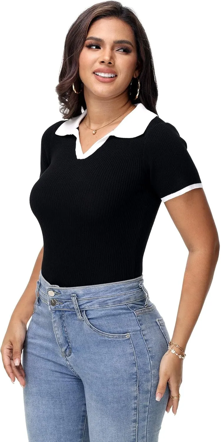 Womens V Neck T Shirts Short Sleeve Ribbed Knit Slim Fit Polo Tops Solid Color Trendy Summer Basic Tee T-Shirts