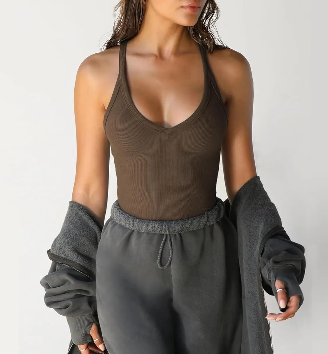Women's V Neck Workout Tops Sleeveless Racerback Tank Tops Yoga Gym Ribbed Shirts Cami Tees