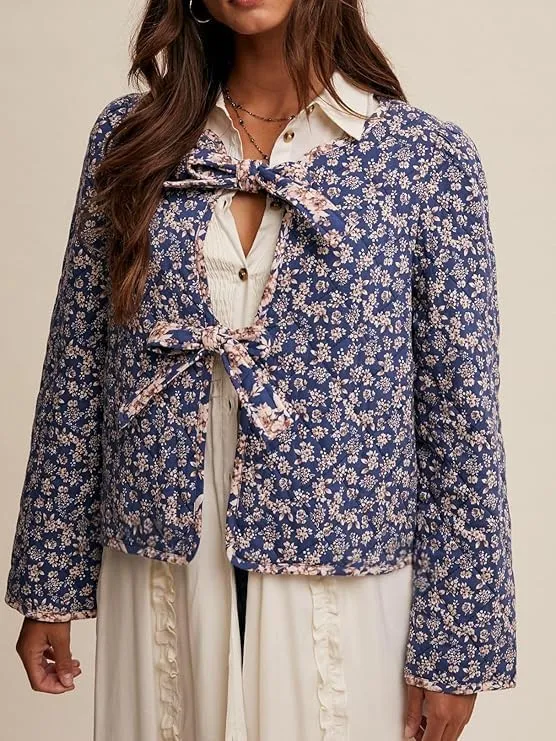 Women's Warm Quilted Jackets Floral Print Front Bow Tie Quilt Jacket Long Sleeve Padded Warm Outerwear