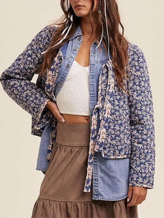 Women's Warm Quilted Jackets Floral Print Front Bow Tie Quilt Jacket Long Sleeve Padded Warm Outerwear