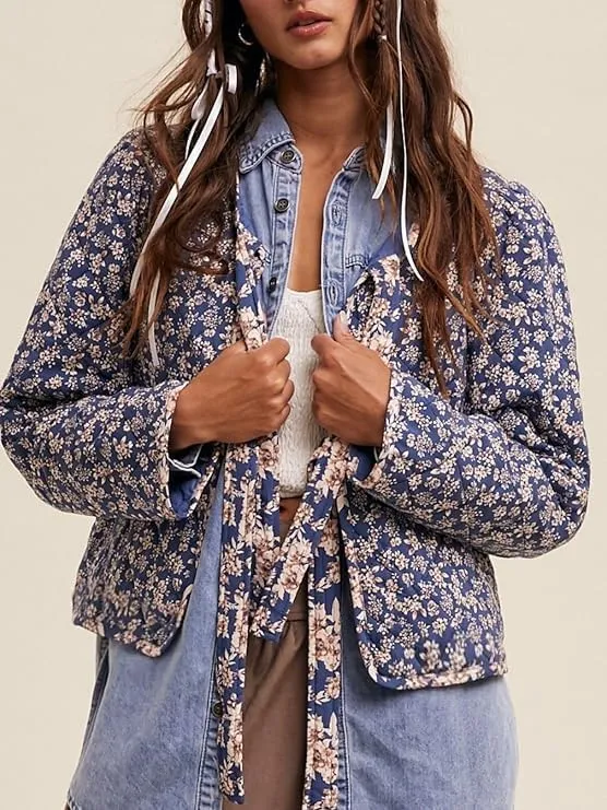 Women's Warm Quilted Jackets Floral Print Front Bow Tie Quilt Jacket Long Sleeve Padded Warm Outerwear