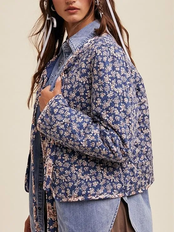 Women's Warm Quilted Jackets Floral Print Front Bow Tie Quilt Jacket Long Sleeve Padded Warm Outerwear
