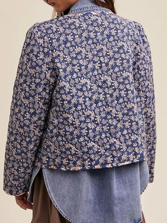 Women's Warm Quilted Jackets Floral Print Front Bow Tie Quilt Jacket Long Sleeve Padded Warm Outerwear