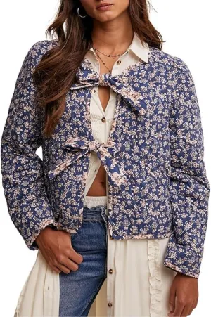 Women's Warm Quilted Jackets Floral Print Front Bow Tie Quilt Jacket Long Sleeve Padded Warm Outerwear