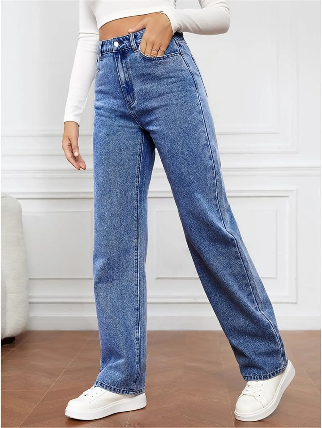 Womens Wide Leg Flare Jeans Fashion Washed High Waisted Denim Bottom Pants Daily Work Office Casual Bell Bottom Jeans
