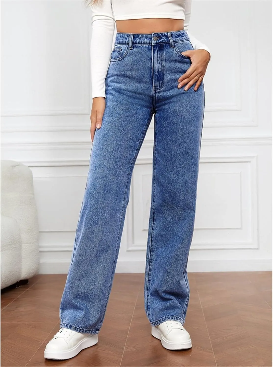 Womens Wide Leg Flare Jeans Fashion Washed High Waisted Denim Bottom Pants Daily Work Office Casual Bell Bottom Jeans