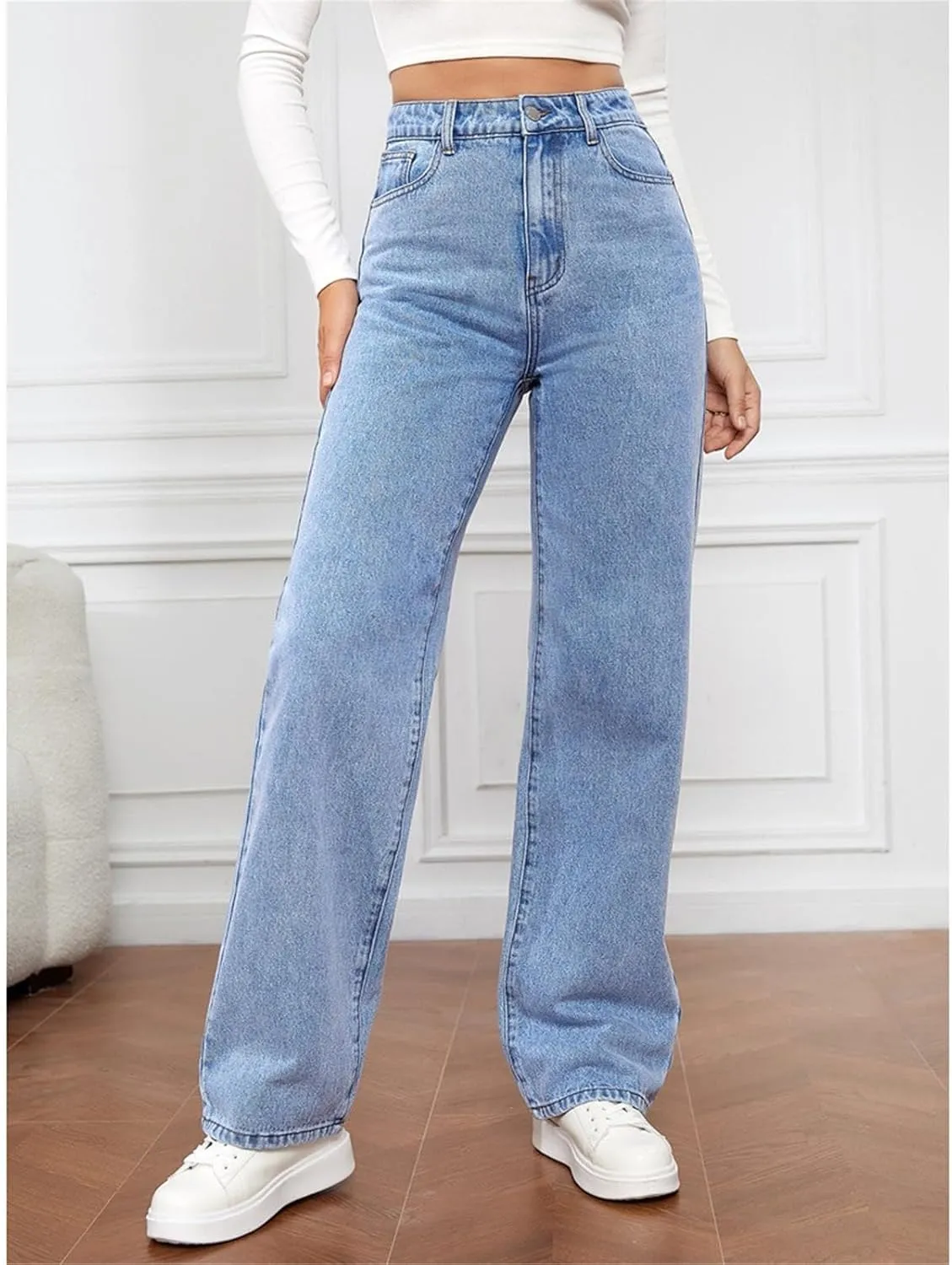 Womens Wide Leg Flare Jeans Fashion Washed High Waisted Denim Bottom Pants Daily Work Office Casual Bell Bottom Jeans