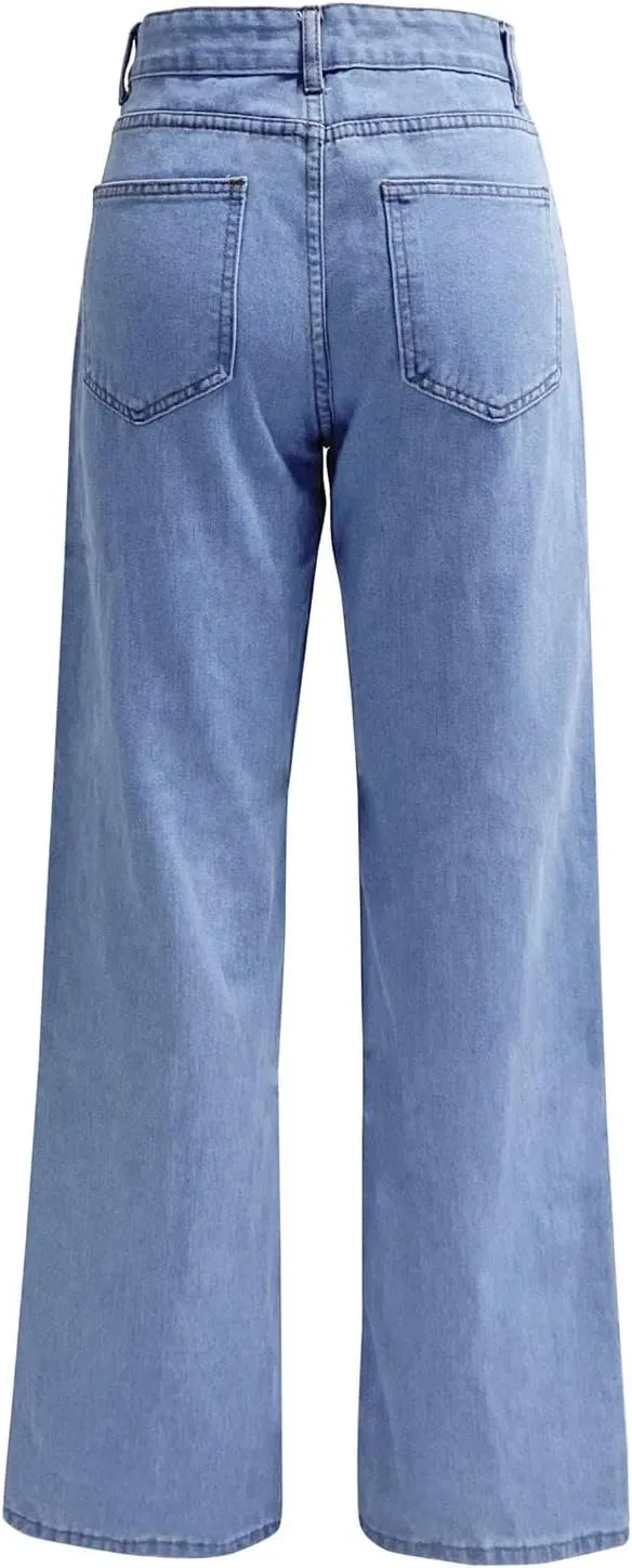 Womens Wide Leg Flare Jeans Fashion Washed High Waisted Denim Bottom Pants Daily Work Office Casual Bell Bottom Jeans