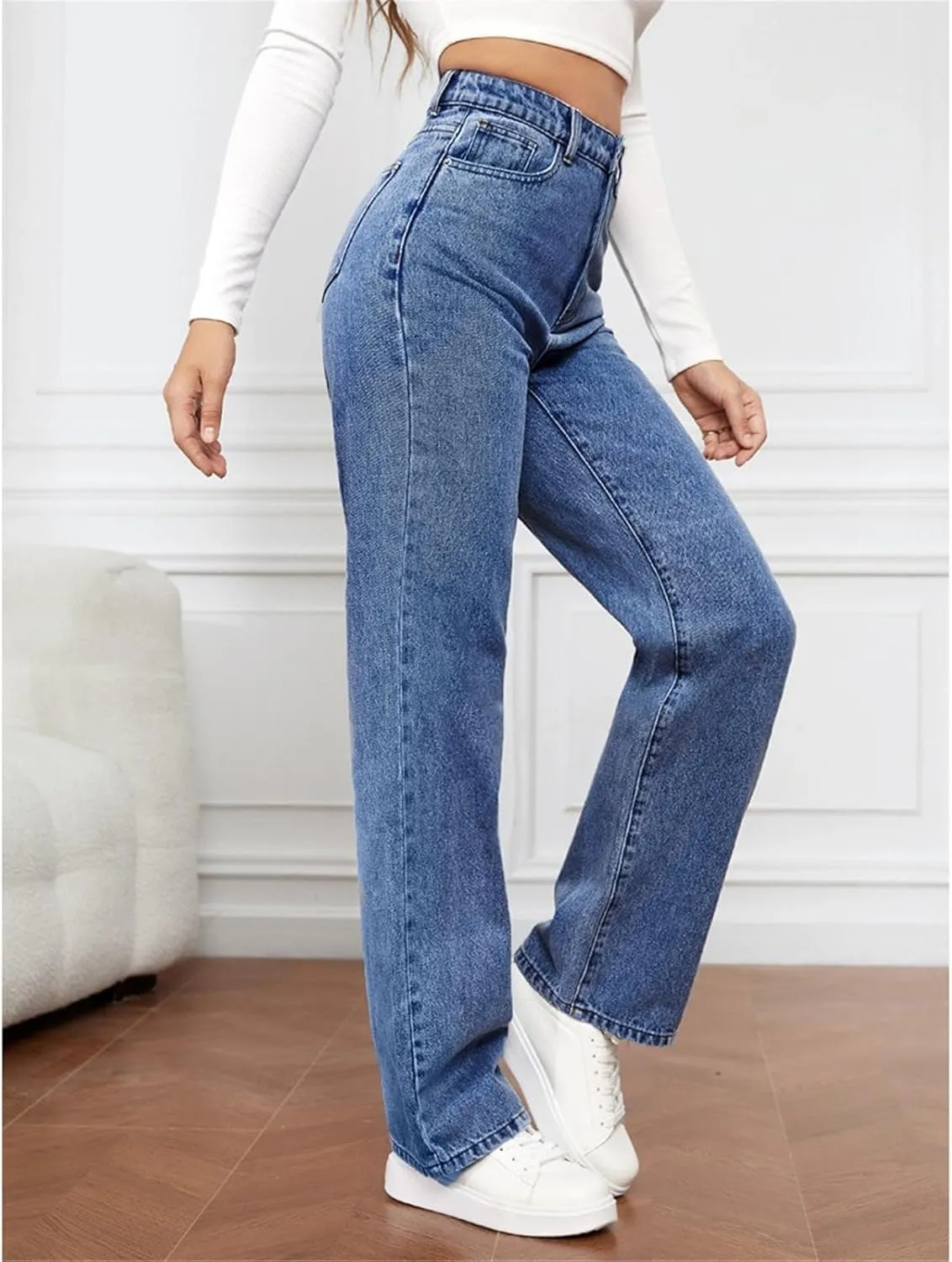 Womens Wide Leg Flare Jeans Fashion Washed High Waisted Denim Bottom Pants Daily Work Office Casual Bell Bottom Jeans