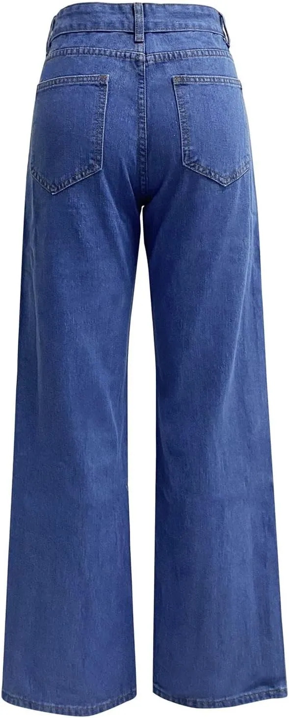 Womens Wide Leg Flare Jeans Fashion Washed High Waisted Denim Bottom Pants Daily Work Office Casual Bell Bottom Jeans
