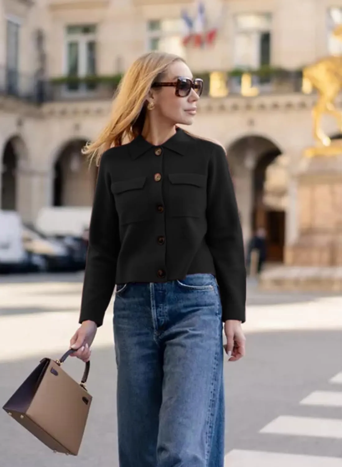 Womens Wool Pea Coat Button Up Open Front Trench Outerwear Long Sleeve Cropped Cardigan Jacket with Pockets