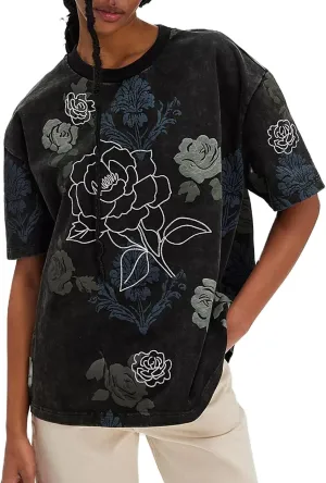 Womens Y2k Vintage Floral Graphic Print Tee Shirts Cute Flower Aesthetic Baggy Tees Downtown Girl Oversized Clothes