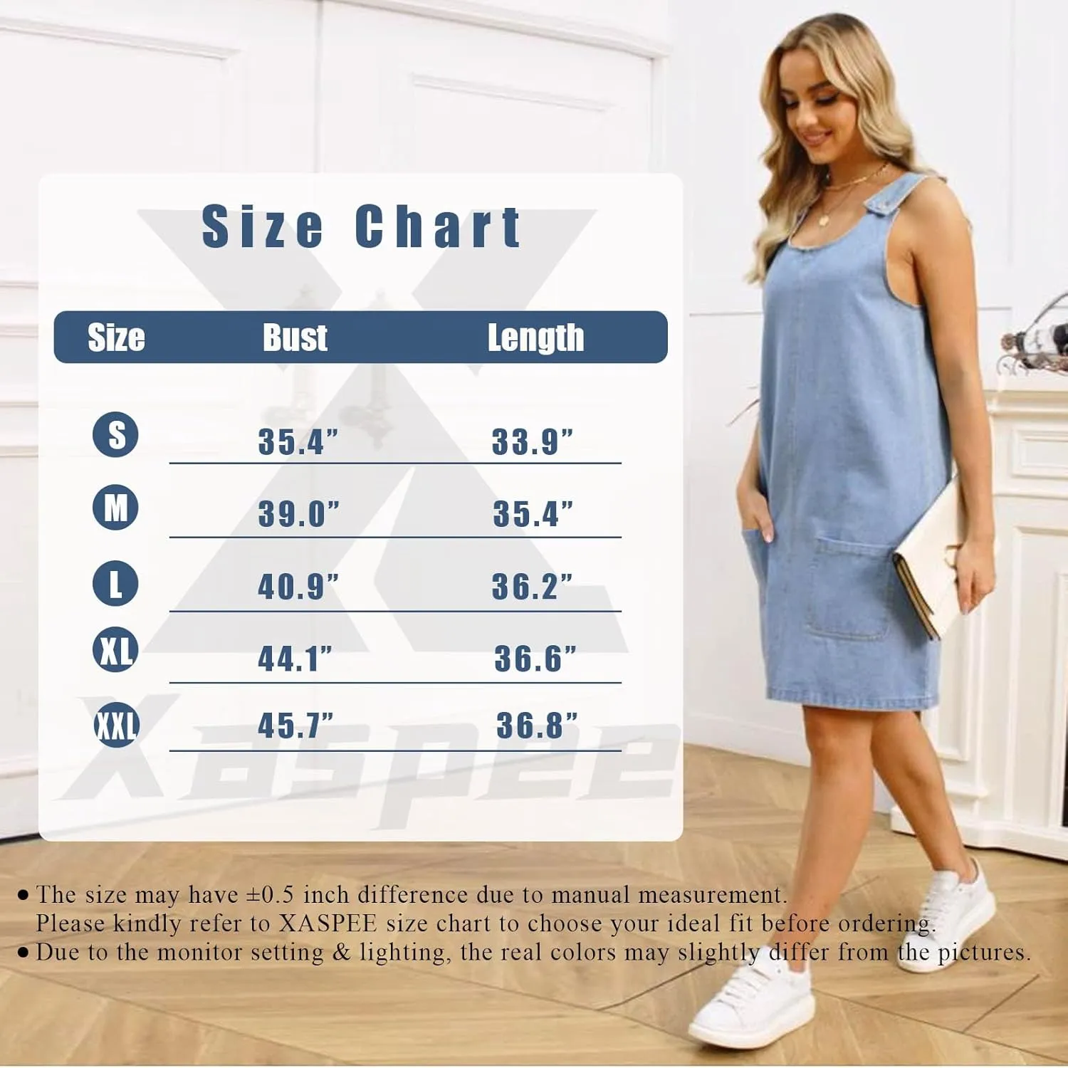 Xaspee Denim Overall Dress for Women Casual Mini Sleeveless Jean Vintage Jumper Skirt Dress with Pockets