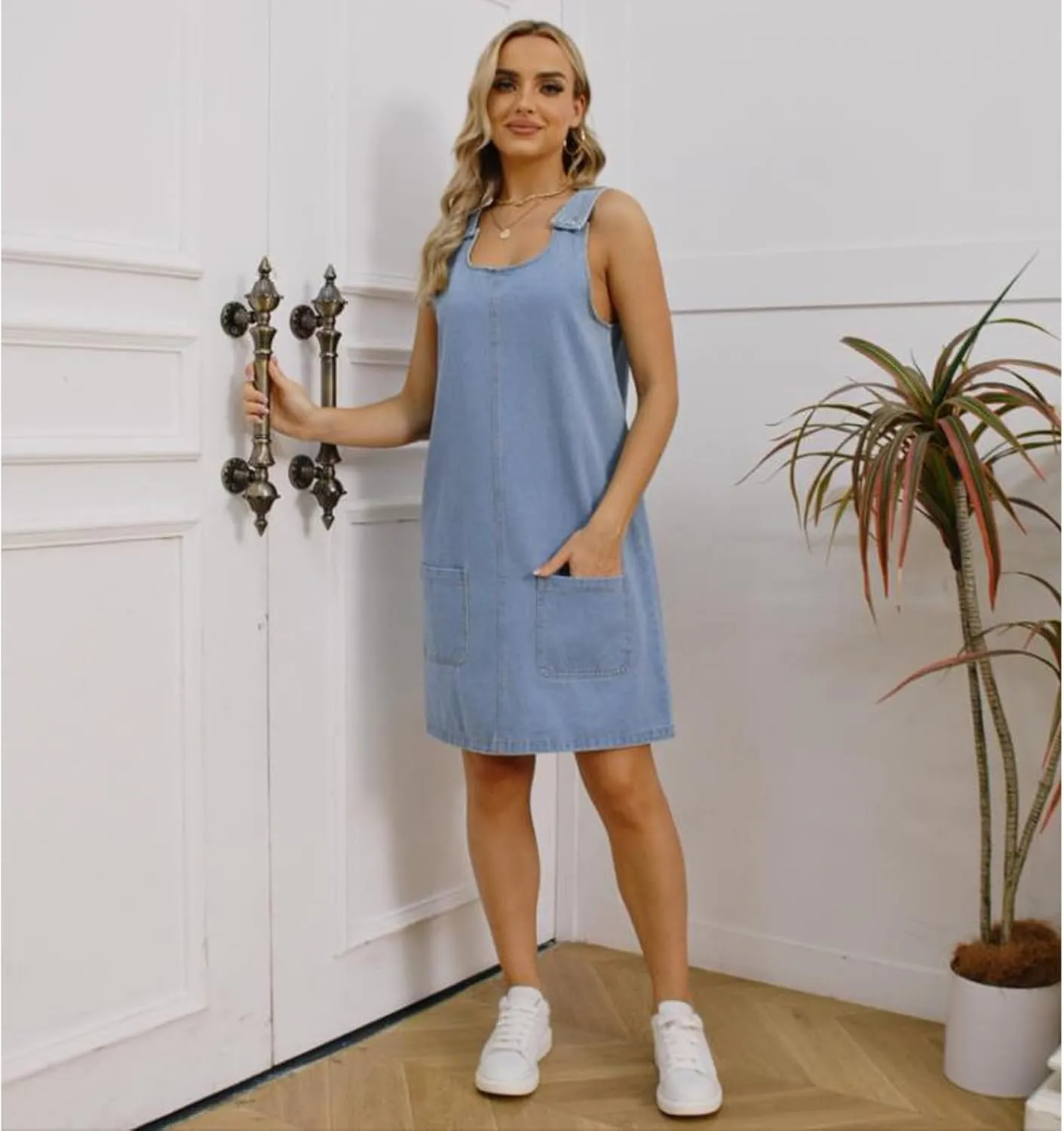 Xaspee Denim Overall Dress for Women Casual Mini Sleeveless Jean Vintage Jumper Skirt Dress with Pockets