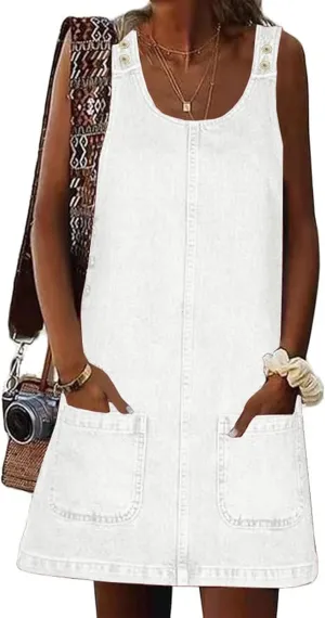 Xaspee Denim Overall Dress for Women Casual Mini Sleeveless Jean Vintage Jumper Skirt Dress with Pockets