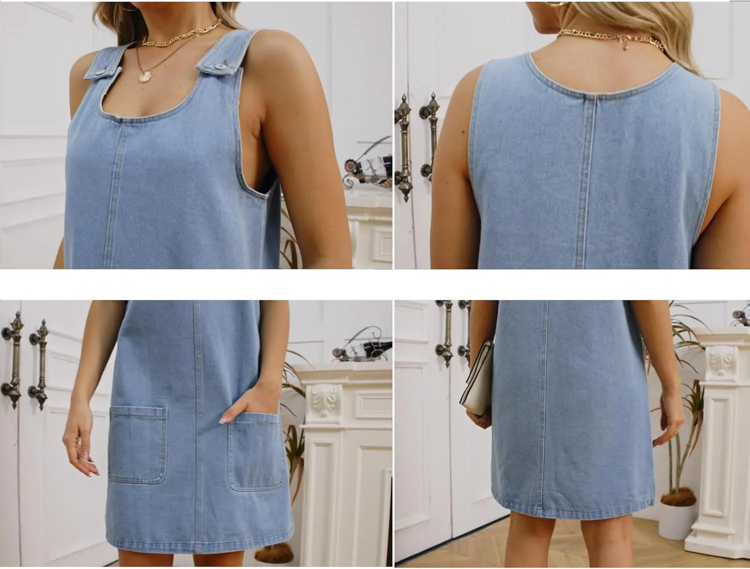 Xaspee Denim Overall Dress for Women Casual Mini Sleeveless Jean Vintage Jumper Skirt Dress with Pockets