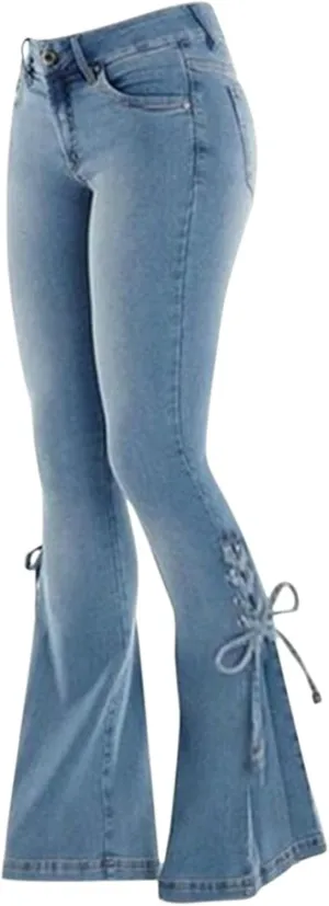 XIAOBU Bootcut Jeans Women's Mid-Waist Butt-Lifting Stretch Skinny Denim Pants Pocket Solid Lace Up Flared Trousers
