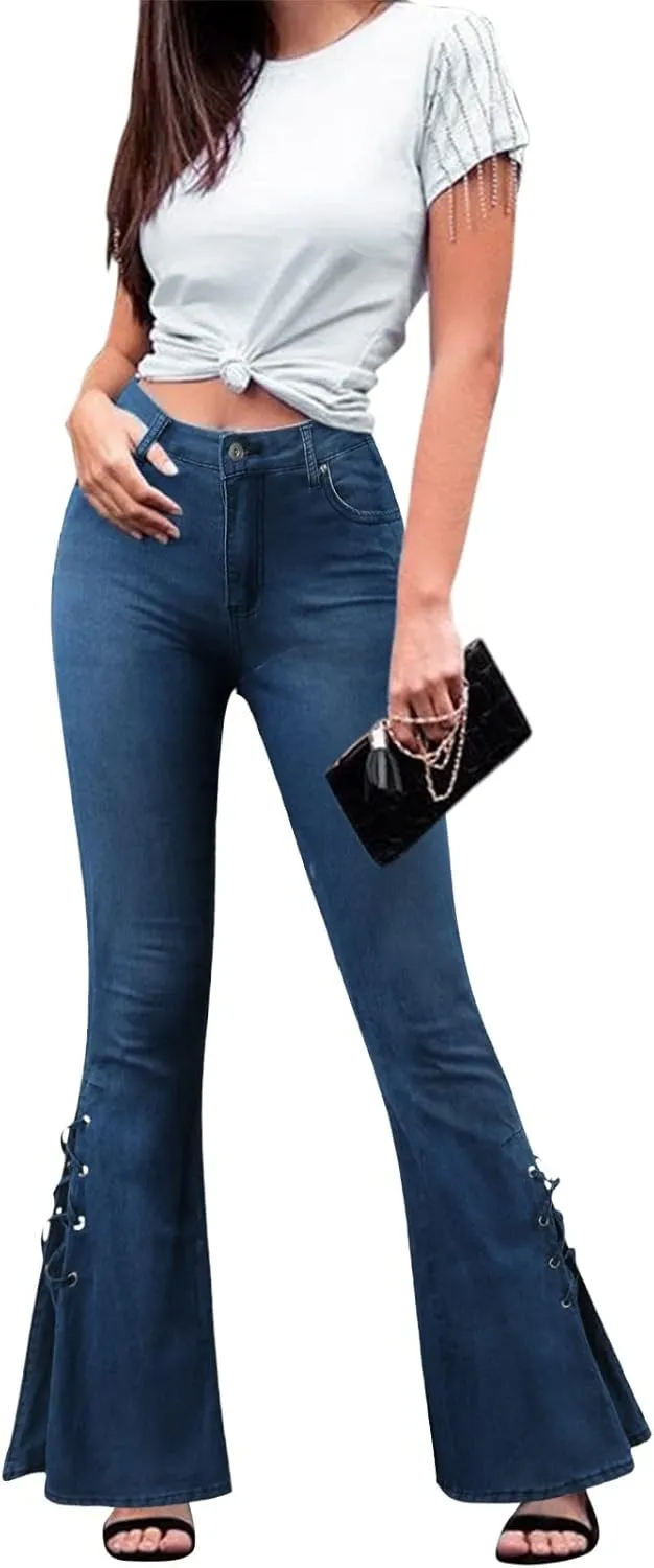 XIAOBU Bootcut Jeans Women's Mid-Waist Butt-Lifting Stretch Skinny Denim Pants Pocket Solid Lace Up Flared Trousers