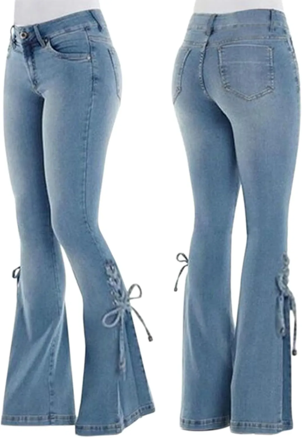 XIAOBU Bootcut Jeans Women's Mid-Waist Butt-Lifting Stretch Skinny Denim Pants Pocket Solid Lace Up Flared Trousers