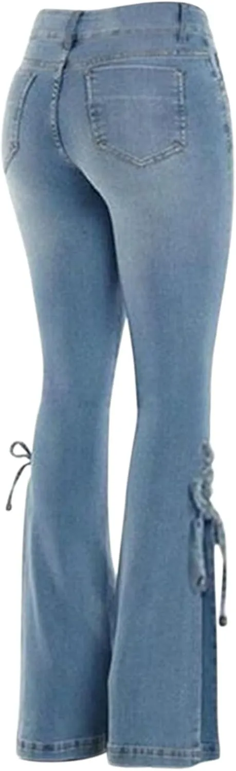 XIAOBU Bootcut Jeans Women's Mid-Waist Butt-Lifting Stretch Skinny Denim Pants Pocket Solid Lace Up Flared Trousers