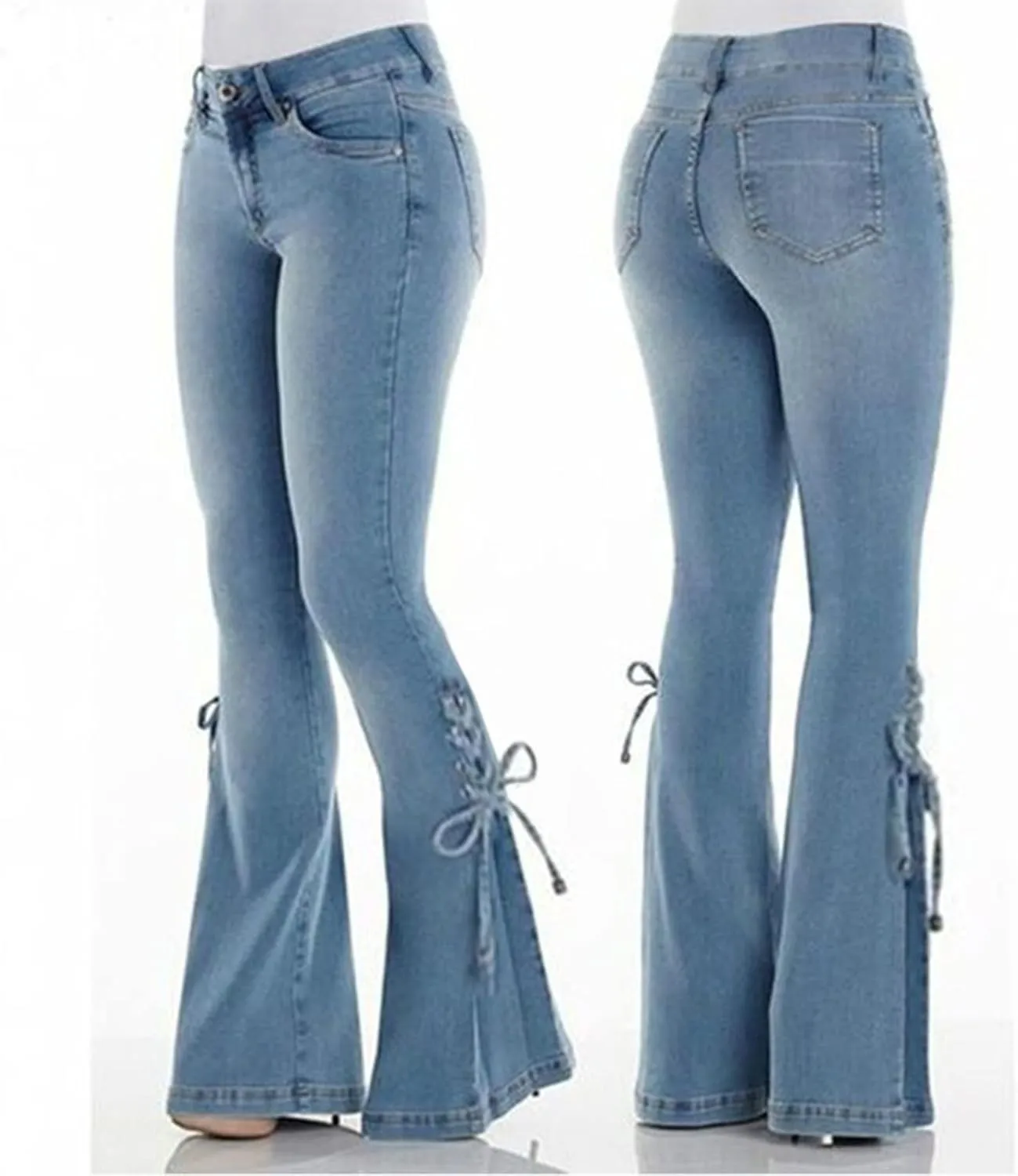 XIAOBU Bootcut Jeans Women's Mid-Waist Butt-Lifting Stretch Skinny Denim Pants Pocket Solid Lace Up Flared Trousers