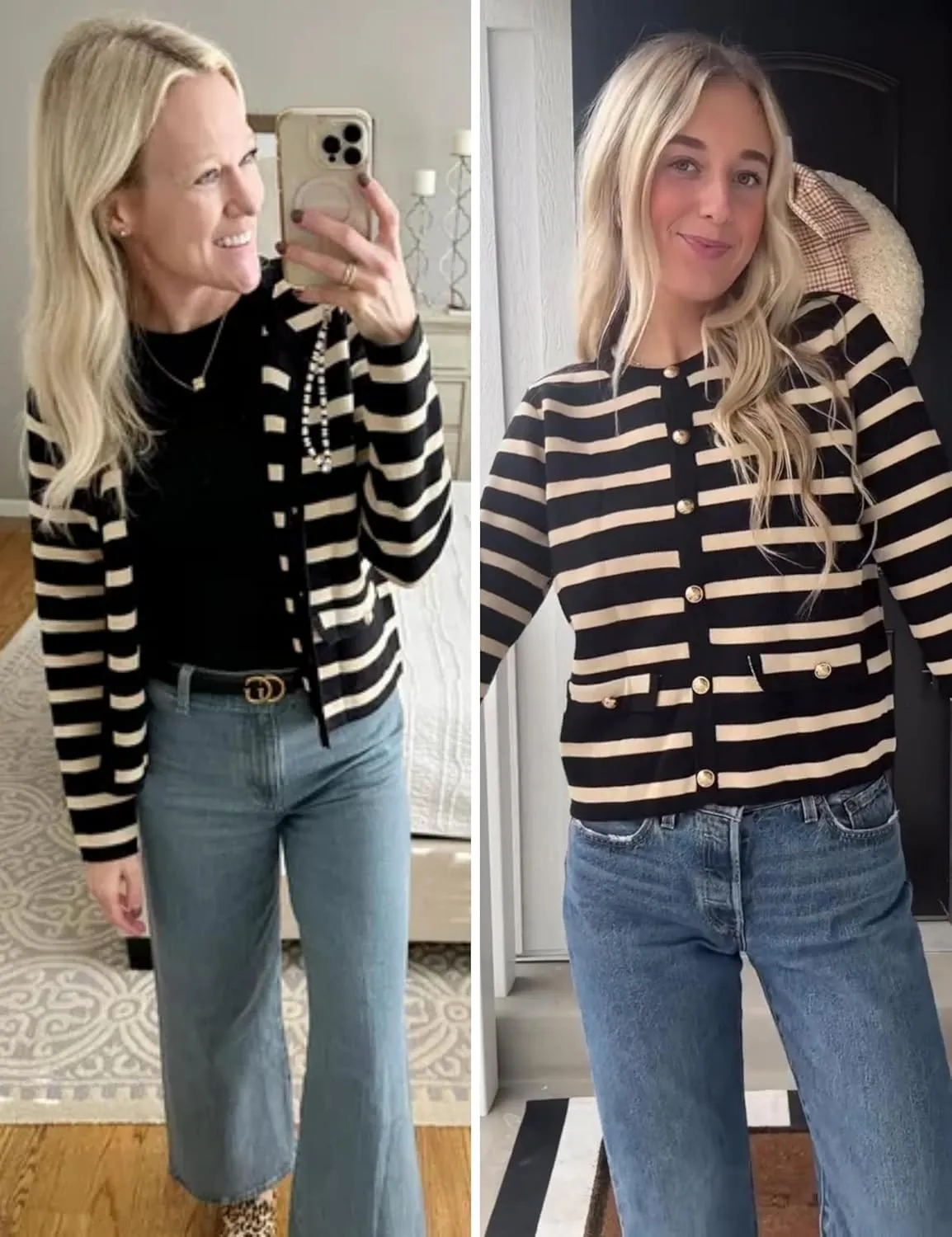 Xiaoxuemeng Womens Cardigan Sweaters Cropped Striped Button Down Knit Jackets Open Front Trendy Lady Fall Outfits