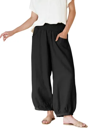 Xiaoxuemeng Womens Wide Leg Pants Cotton Linen Casual Baggy Pants Elastic Waisted Lounge Trousers with Pockets(Black-L)